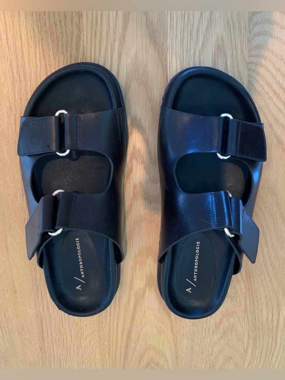 Anthropologie Black Double Buckle Slide Sandals With Gold Buckles